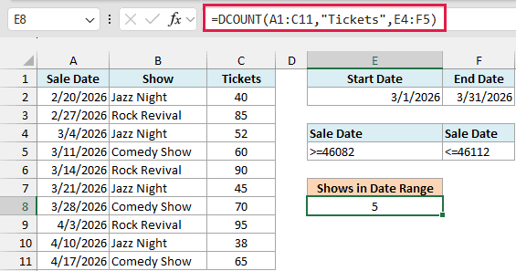 DCOUNT counting 5 ticket sales between two dates from input cells