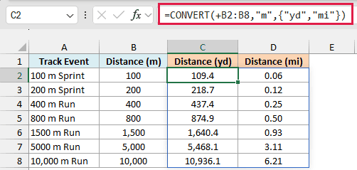 CONVERT with an array of two units spills each distance in yards and miles