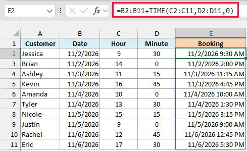 Adding TIME to each date gives one date and time per booking, like 11/2/2026 9:30 AM