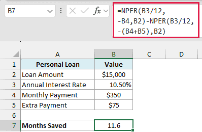 Two NPER formulas subtracted show the extra $75 a month saves 11.6 months