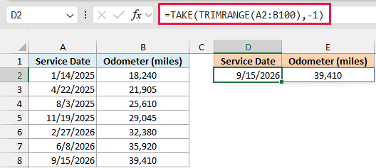 TAKE and TRIMRANGE formula returning the latest service, 9/15/2026 at 39,410 miles