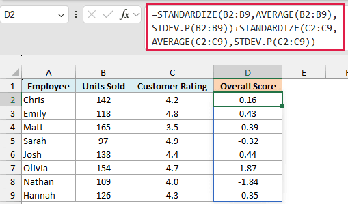 Adding two STANDARDIZE results gives an overall score, and Olivia comes out on top at 1.87