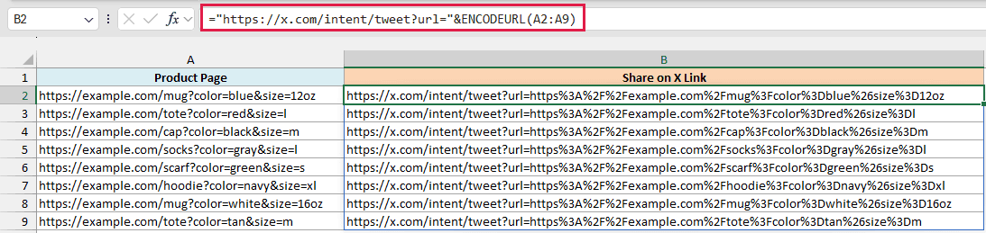 Formula encodes each full product address inside an X share link