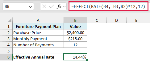 EFFECT with RATE inside returns an effective annual rate of 14.44% for the payment plan