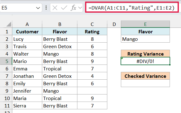 DVAR formula returning #DIV/0! because only one Mango rating is a number