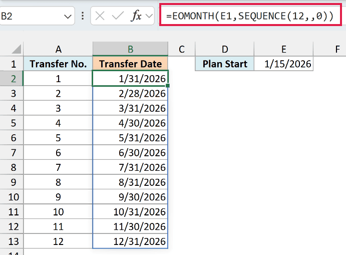 EOMONTH and SEQUENCE create twelve month-end transfer dates from 1/31/2026 to 12/31/2026