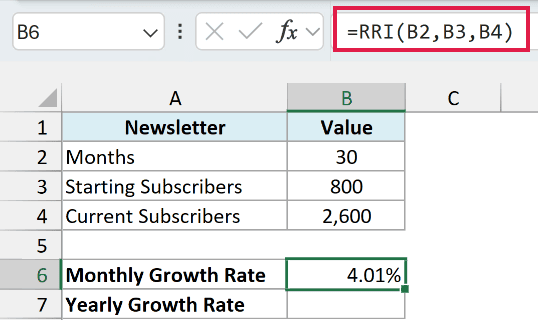 RRI formula with 30 months returns a monthly growth rate of 4.01%