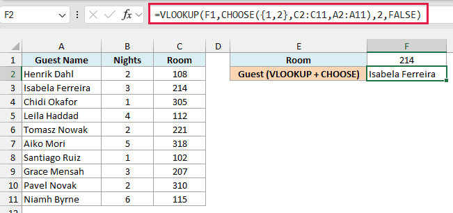VLOOKUP uses CHOOSE to return Isabela Ferreira for room 214 in F2