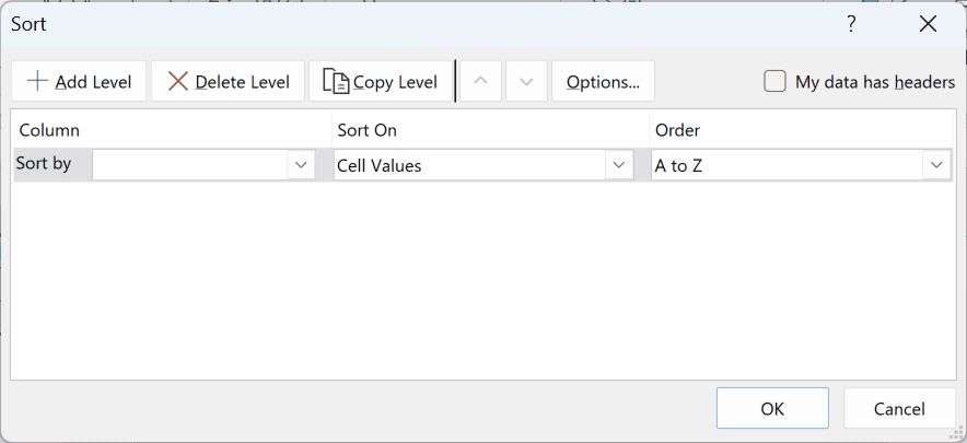 Sort dialog box with the Options button