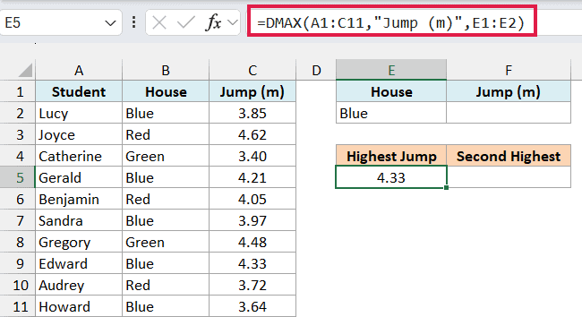 Excel formula bar showing DMAX function to find the highest long jump for the Blue house in a student data table