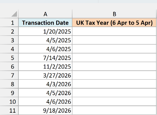 Transaction dates around 5 and 6 April in column A with an empty UK tax year column B
