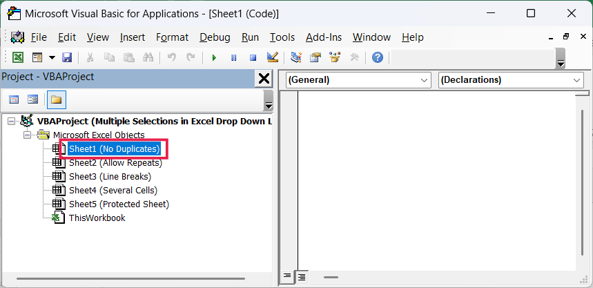 The empty No Duplicates worksheet code window.