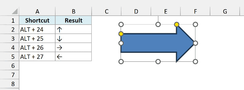 Right arrow shape drawn on the worksheet with its selection handles showing