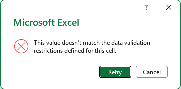 Excel stop alert rejecting two entered as text in the Party Size column