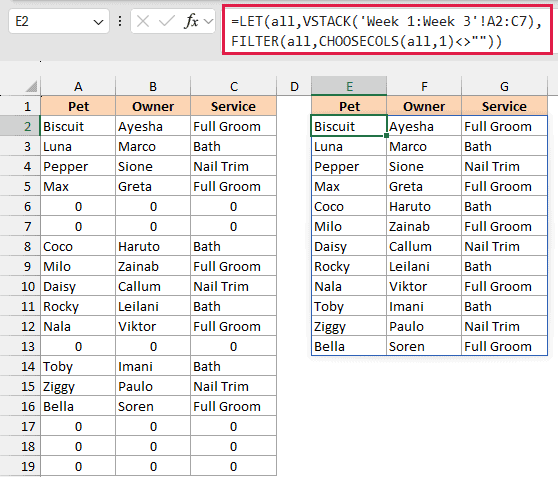 LET and FILTER return 12 bookings without zero rows beside the original VSTACK result