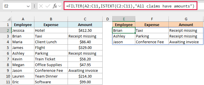FILTER and ISTEXT formula returning the three claims whose amount is a text note
