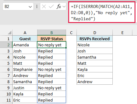 IF with ISERROR and MATCH shows No reply yet for Amanda, Stephanie, and Justin