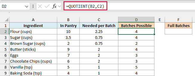 QUOTIENT shows how many full batches each ingredient allows, from 2 for brown sugar to 5 for vanilla