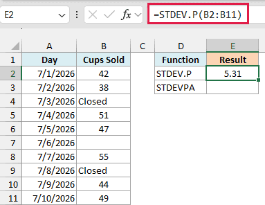 STDEV.P skips the Closed text and the blank cell and returns 5.31