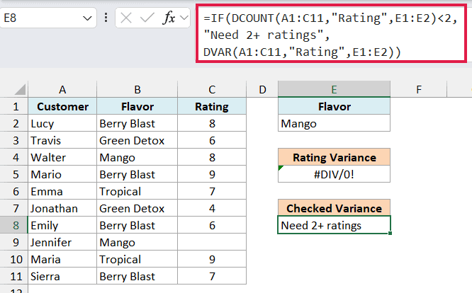 IF and DCOUNT formula in E8 showing Need 2+ ratings instead of the #DIV/0! error