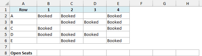 Seating chart with booked seats marked and an empty Open Seats row