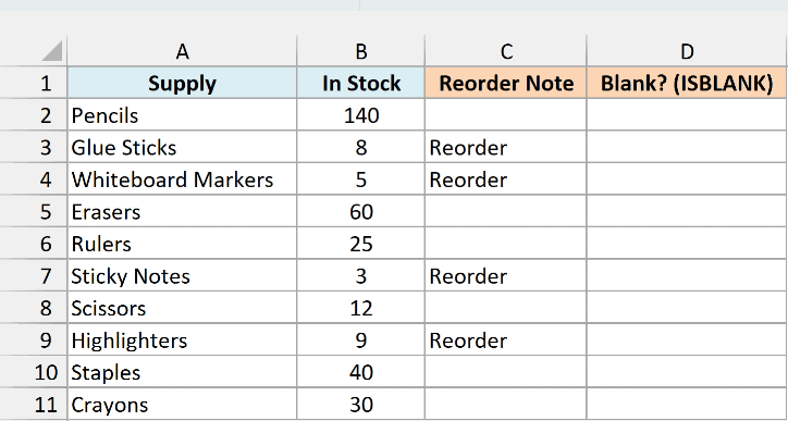 School supplies with stock, a Reorder Note formula column, and an empty ISBLANK check column