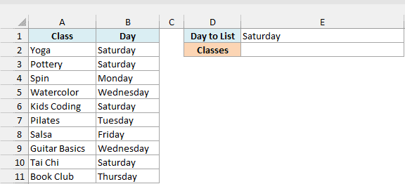 Class schedule with Saturday selected