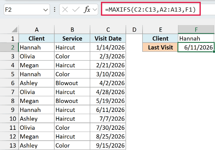 MAXIFS returns 6/11/2026 as Hannah's most recent salon visit