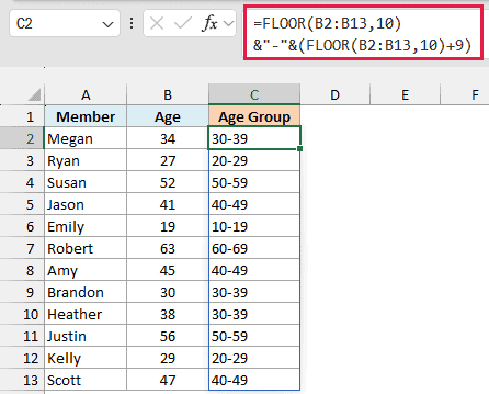FLOOR formula in Excel creating 10-year age group labels such as 30-39