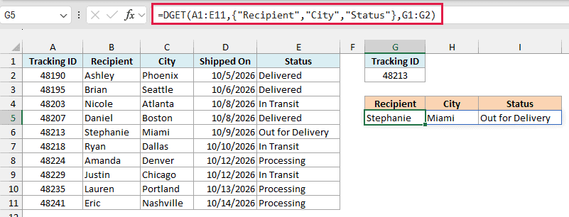 DGET formula with an array of field names spilling Stephanie, Miami and Out for Delivery