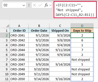 IF shows Not shipped for blank ship dates and DAYS returns the days to ship for the rest