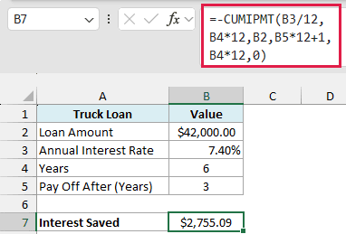 CUMIPMT over payments 37 to 72 returns $2,755.09 of interest saved by paying off early