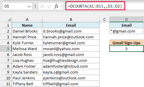 DCOUNTA returns 5, the sign-ups with a Gmail address