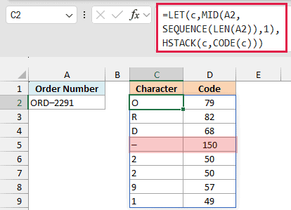LET, MID and HSTACK list each character of the order number with its code, showing 150 for the en dash