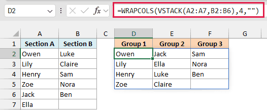 WRAPCOLS with VSTACK combines both sections and splits the 11 students into groups of four