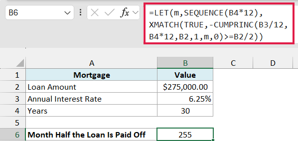 LET, SEQUENCE and XMATCH with CUMPRINC return month 255 as the point where half the mortgage principal is paid