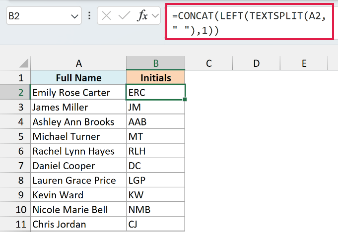 CONCAT, LEFT, and TEXTSPLIT formula returns the initials for each full name.