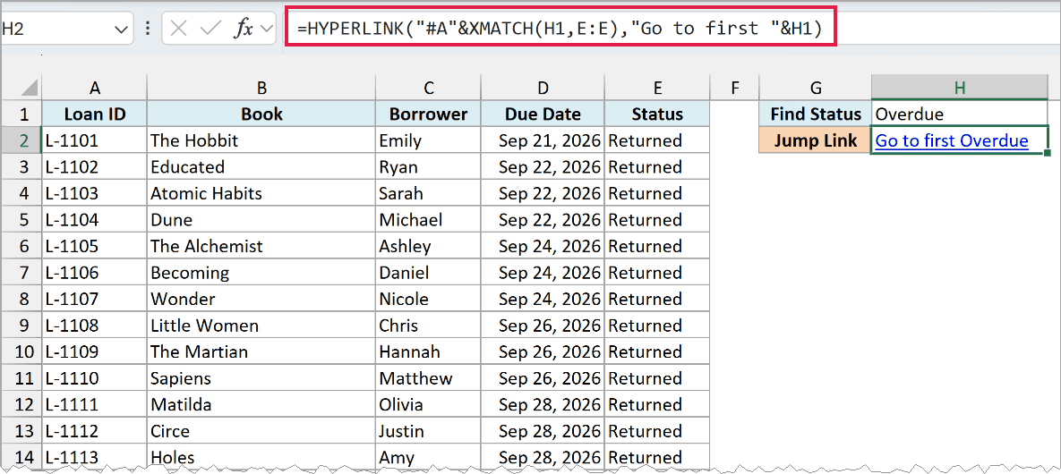 HYPERLINK and XMATCH formula in H2 shows a Go to first Overdue link