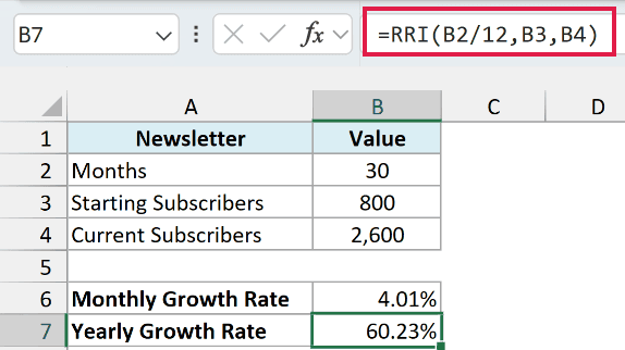 RRI formula with the months divided by 12 returns a yearly growth rate of 60.23%