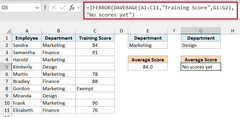 IFERROR and DAVERAGE formula in G5 showing No scores yet for the Design department