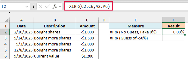 XIRR without a guess shows a fake 0.00% on an investment that clearly lost money