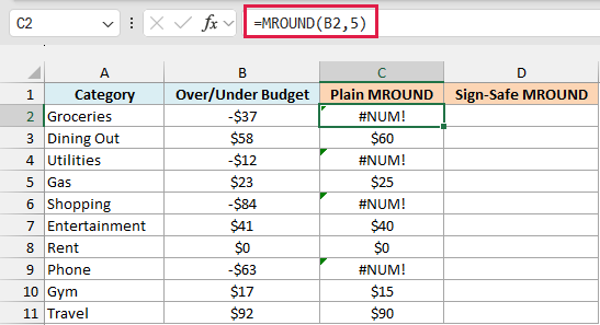 Plain MROUND with a multiple of 5 returns the #NUM! error for every negative amount