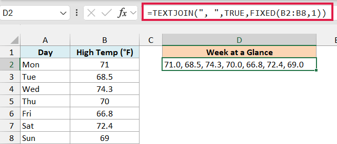 TEXTJOIN with FIXED in D2 lists all seven temperatures with one decimal each