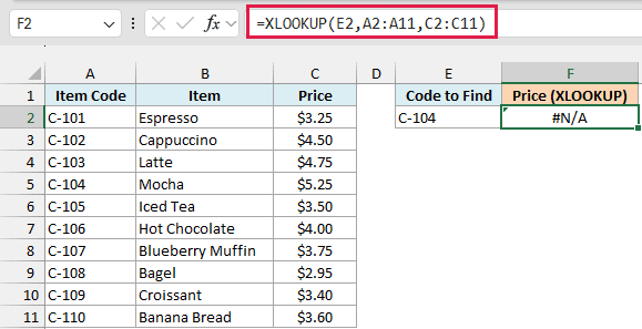 A regular XLOOKUP returns #N/A for C-104 because the item codes have a hidden carriage return