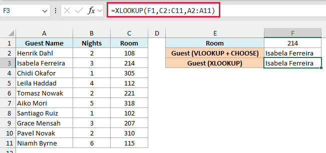 XLOOKUP returns Isabela Ferreira for room 214 in cell F3