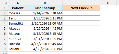 Dental patients and last checkup dates and times beside an empty Next Checkup column