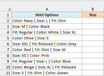 Shirt option strings with Color, Size, and Fit labels in varying order, beside an empty Size column