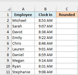 Employee clock-in times beside an empty Rounded column