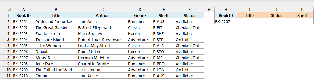 Library catalog with book ID, title, author, genre, shelf, and status, and book ID BK-2207 entered in cell H2