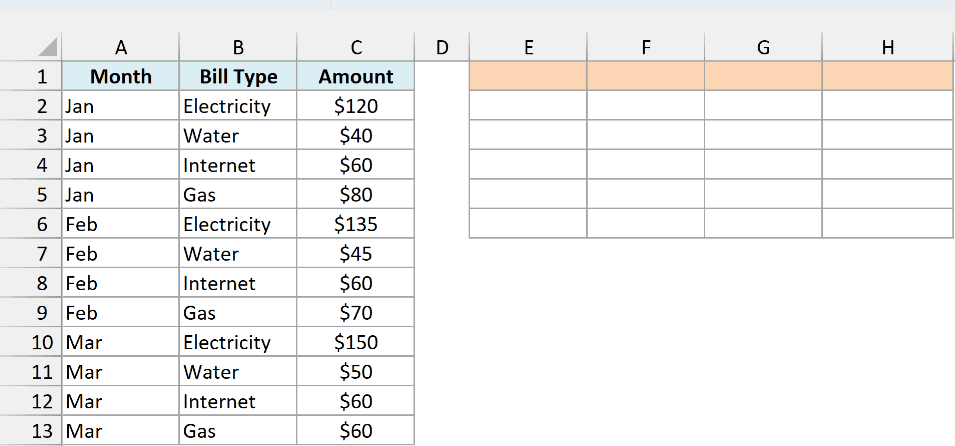 Monthly household bills with bill types and amounts beside an empty summary area